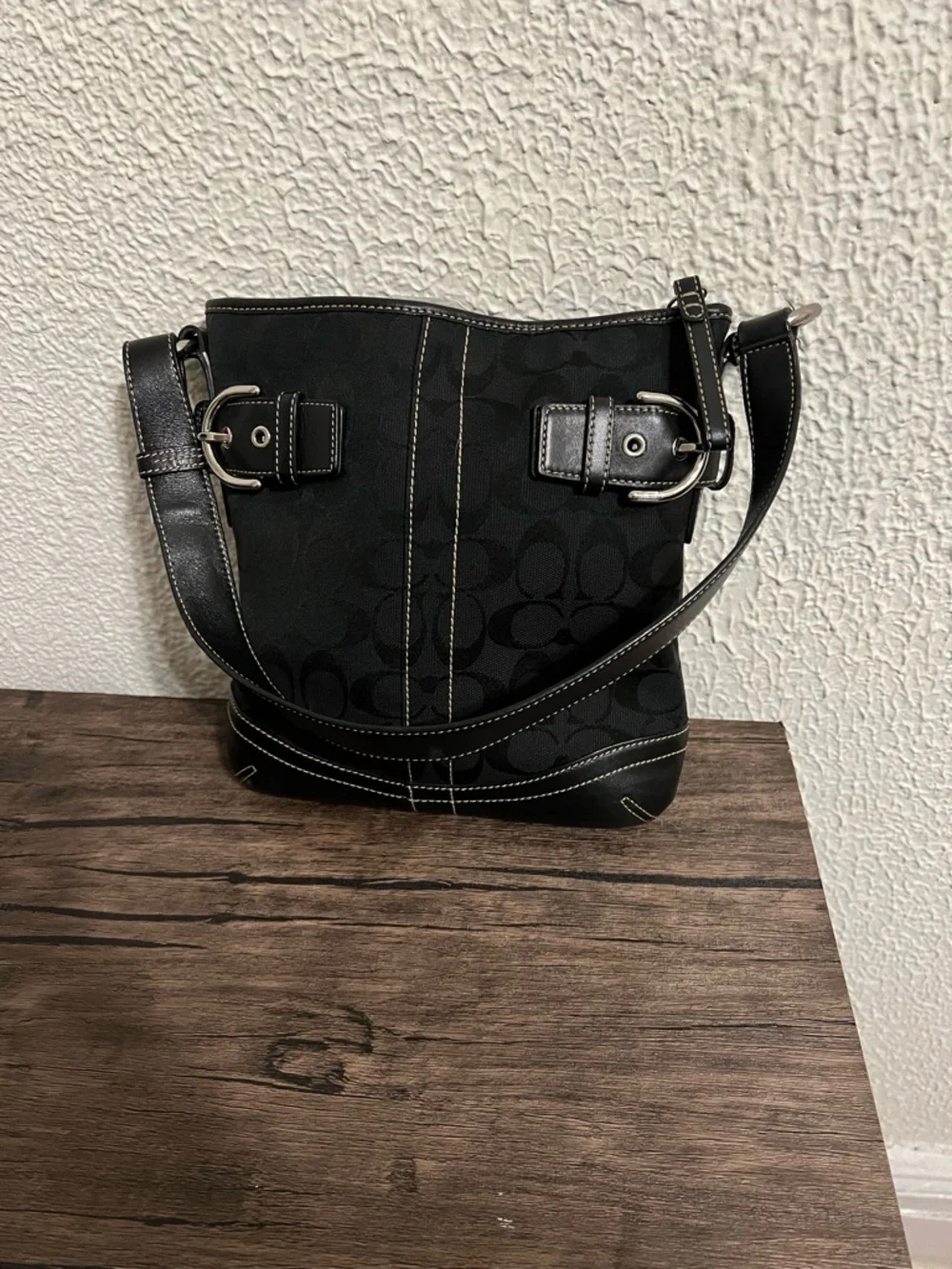 Coach Black Signature Canvas Shoulder Bag with Leather Trim
